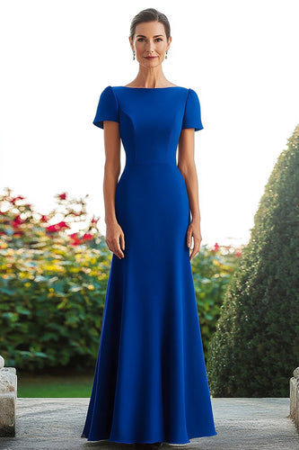 Royal Blue Sheath Satin Boat Neck Long Mother of the Bride Dress