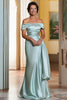 Load image into Gallery viewer, Mint Sheath Satin Off the Shoulder Long Mother of the Bride Dress