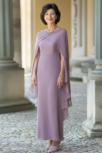 Lilac Sheath Chiffon Cape Sleeves Long Mother of the Bride Dress