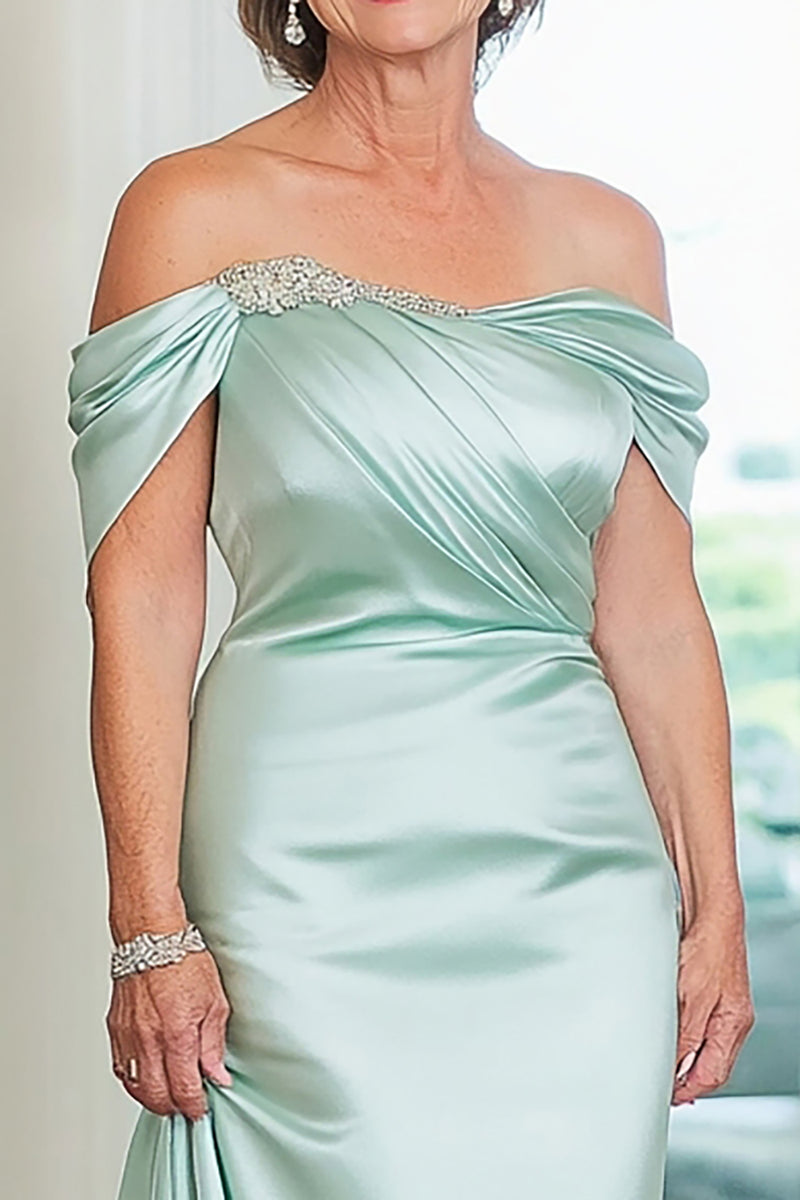 Load image into Gallery viewer, Mint Sheath Satin Off the Shoulder Long Mother of the Bride Dress