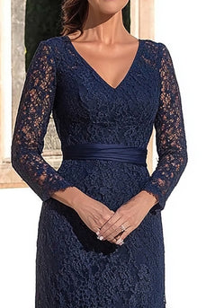 Navy Sheath Lace V-Neck Long Mother of the Bride Dress with Sleeves