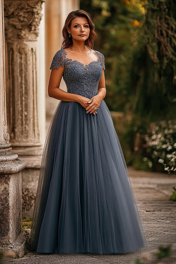 Grey Blue A Line Tulle Long Mother of the Bride Dress with Appliques