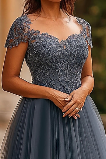 Grey Blue A Line Tulle Long Mother of the Bride Dress with Appliques