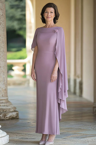 Lilac Sheath Chiffon Long Mother of the Bride Dress with Cape Sleeves