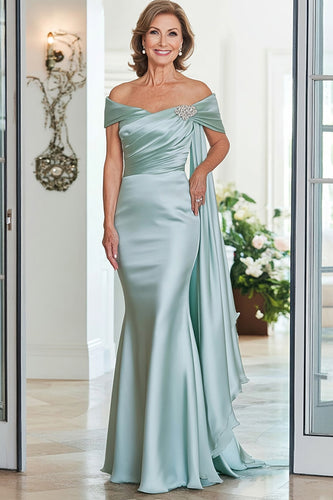 Mint Mermaid Satin Off the Shoulder Long Mother of the Bride Dress