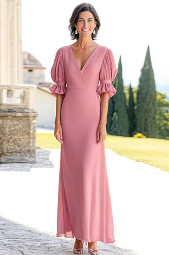 Pink A Line Chiffon V-Neck Long Mother of the Bride Dress with Sleeves