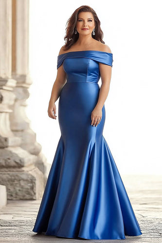 Plus Size Royal Blue Mermaid Satin Long Mother of the Bride Dress