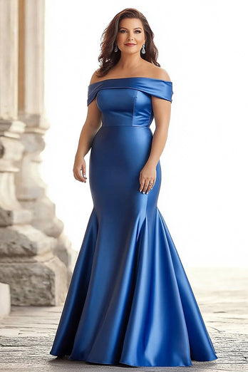 Plus Size Royal Blue Mermaid Satin Long Mother of the Bride Dress