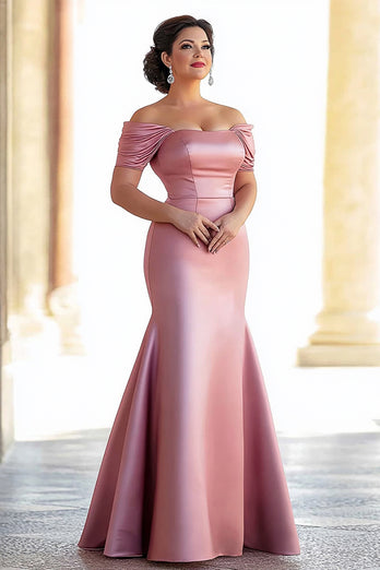 Plus Size Pink Mermaid Satin Off the Shoulder Long Mother of the Bride Dress