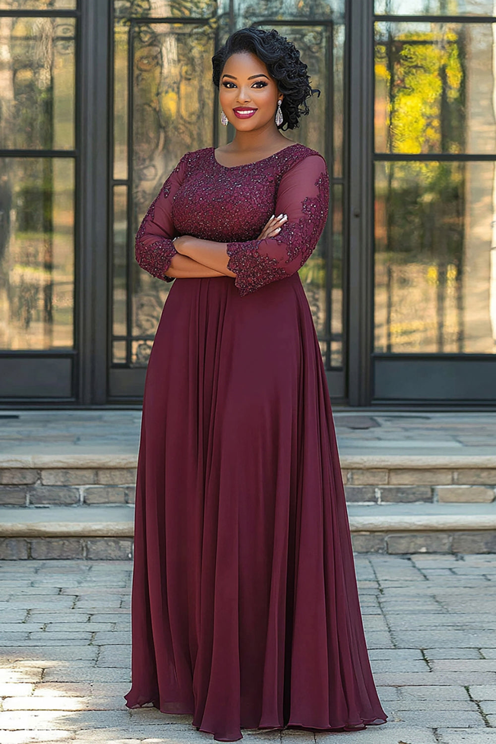 Plus Size Burgundy A Line Chiffon Long Mother of the Bride Dress