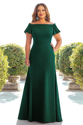 Plus Size Dark Green Satin Off the Shoulder Long Mother of the Bride Dress