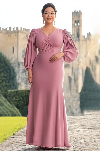 Plus Size Pink Sheath Chiffon Long Mother of the Bride Dress