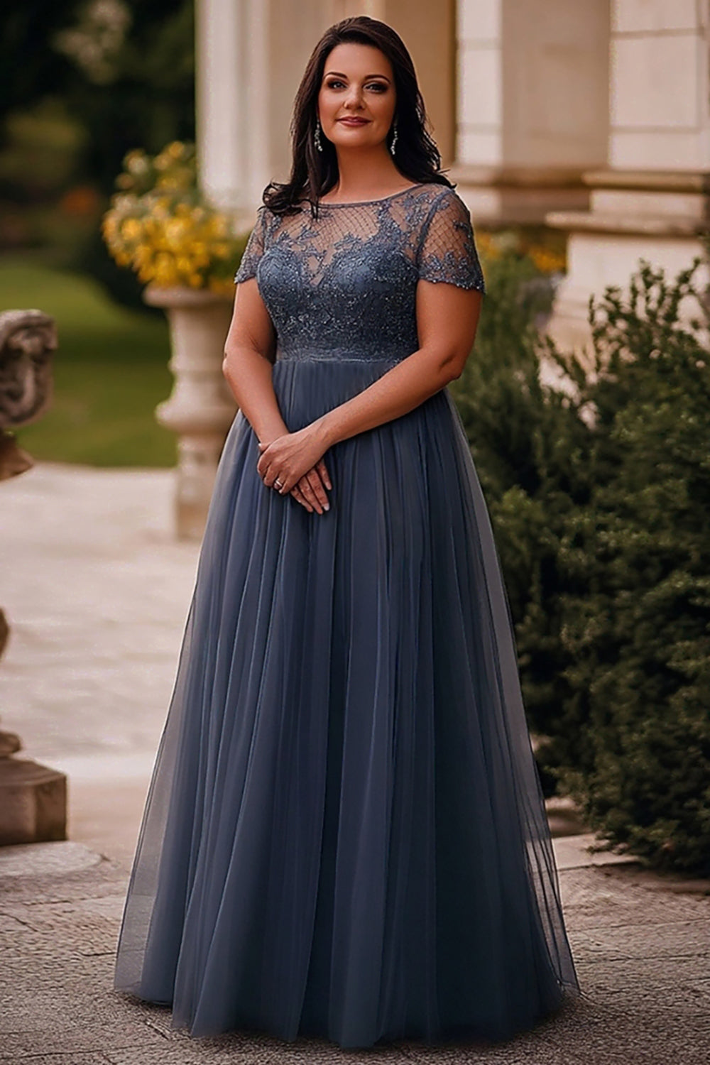 Plus Size Grey Blue A Line Long Tulle Mother of the Bride Dress