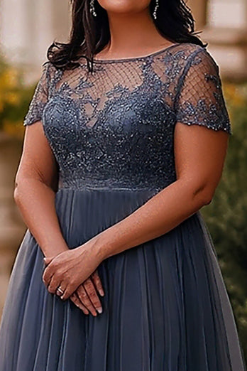 Plus Size Grey Blue A Line Long Tulle Mother of the Bride Dress