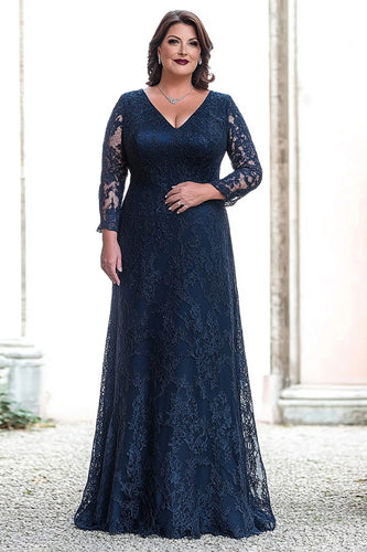 Plus Size Navy Sheath Lace V-Neck Long Mother of the Bride Dress with Sleeves