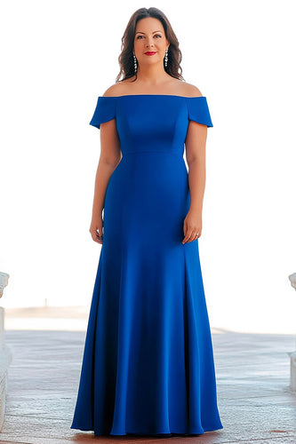 Royal Blue A Line Satin Off the Shoulder Long Mother of the Bride Dress