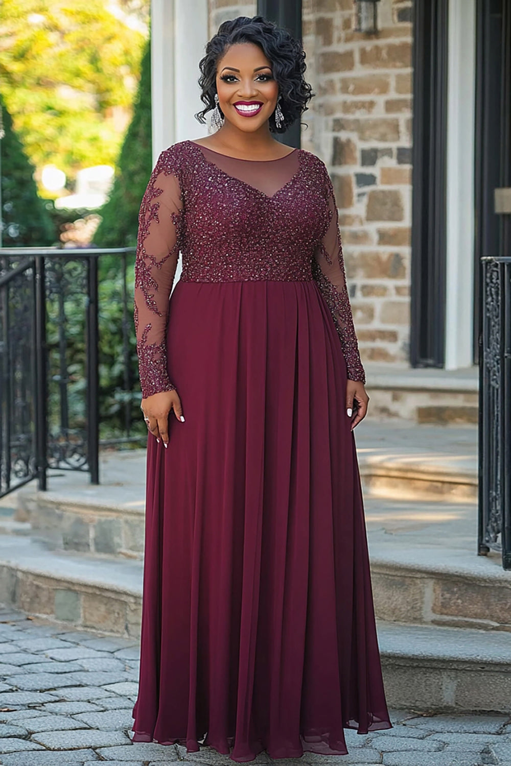 Plus Size Burgundy A Line Chiffon Sparkly Long Mother of the Bride Dress