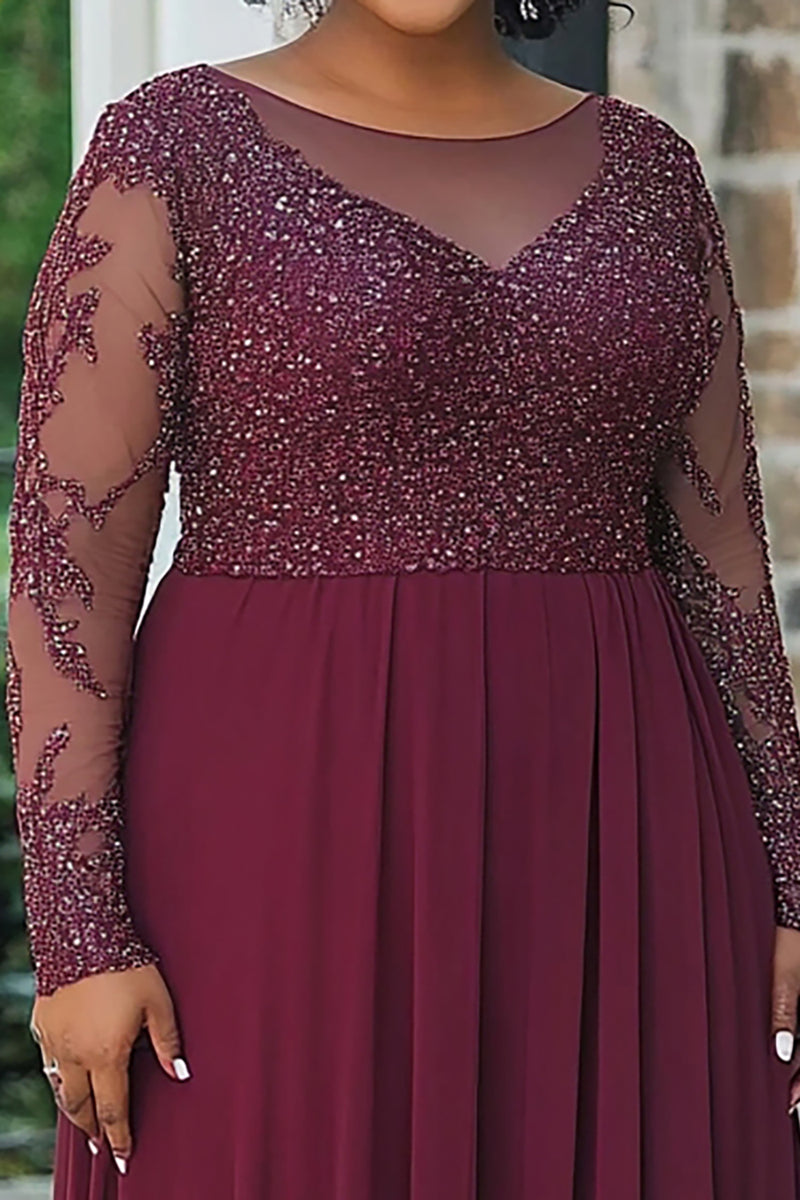 Load image into Gallery viewer, Plus Size Burgundy A Line Chiffon Sparkly Long Mother of the Bride Dress