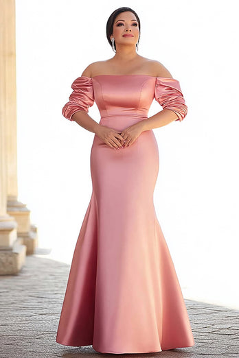 Plus Size Pink Mermaid Satin Off the Shoulder Long Mother of the Bride Dress