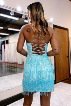 Sky Blue Spaghetti Straps Bodycon Homecoming Dress with Tassel