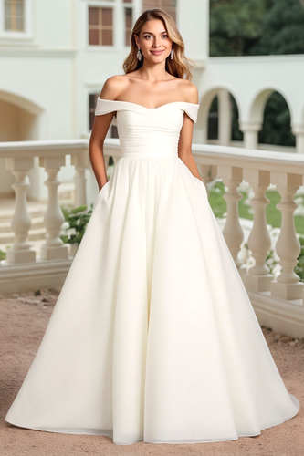 Ivory Organza A Line Off the Shoulder Sweep Train Wedding Dress