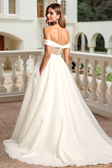 Ivory Organza A Line Off the Shoulder Sweep Train Wedding Dress