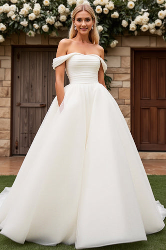 Ivory Tulle Off the Shoulder A Line Sweep Train Wedding Dress