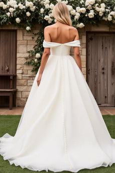 Ivory Tulle Off the Shoulder A Line Sweep Train Wedding Dress