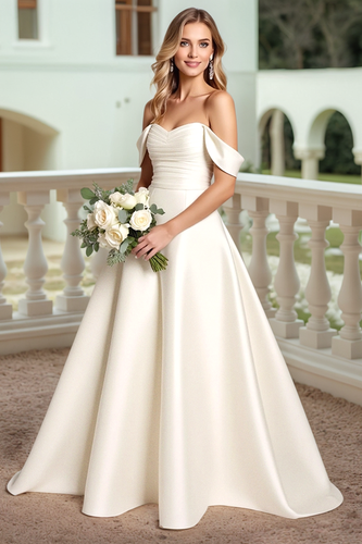 Ivory Satin Off the Shoulder Sweep Train Wedding Dress with Bow