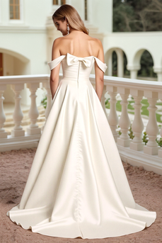 Ivory Satin Off the Shoulder Sweep Train Wedding Dress with Bow