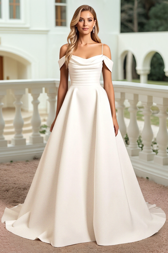 Ivory Satin Spaghetti Straps Sweep Train Wedding Dress