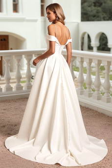 Ivory Satin Spaghetti Straps Sweep Train Wedding Dress