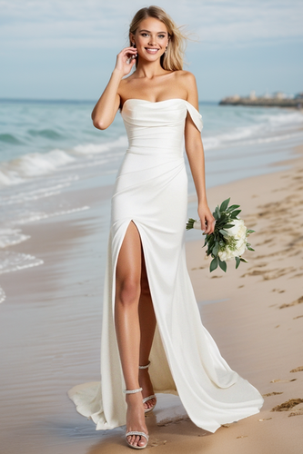 Ivory Satin One Shoulder Sweep Train Boho Wedding Dress with Slit