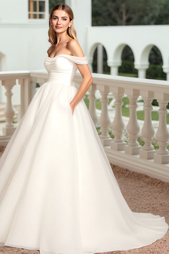 Simple Ivory Off the Shoulder Sweep Train Wedding Dress