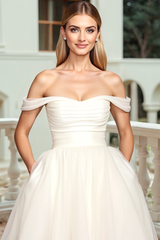 Simple Ivory Off the Shoulder Sweep Train Wedding Dress