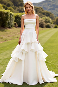 Ivory Chiffon Square Sweep Train Boho Wedding Dress