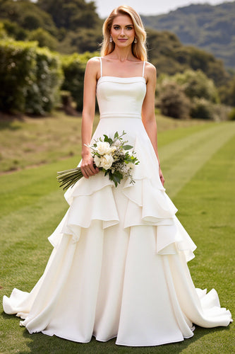 Ivory Chiffon Square Sweep Train Boho Wedding Dress