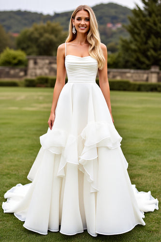 Ivory Chiffon Square Sweep Train Boho Wedding Dress with Ruffle