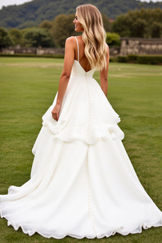 Ivory Chiffon Square Sweep Train Boho Wedding Dress with Ruffle