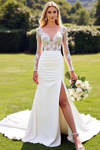 Ivory Satin V Neck Sweep Train Wedding Dress with Lace