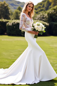 Ivory Satin V Neck Sweep Train Wedding Dress with Lace