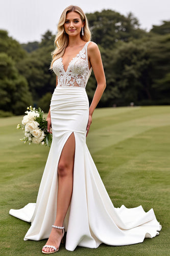 Ivory V Neck Sweep Satin Train Wedding Dress with Lace