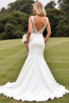 Ivory V Neck Sweep Satin Train Wedding Dress with Lace