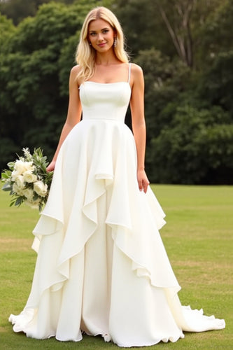 Ivory Satin Spaghetti Straps Sweep Train Boho Wedding Dress with Ruffles