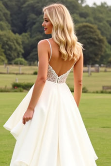 Ivory Satin Spaghetti Straps Sweep Train Boho Wedding Dress with Ruffles