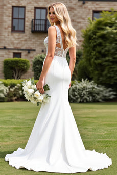 Ivory Satin V Neck Sweep Train Mermaid Wedding Dress with Lace