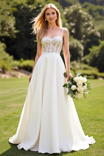 Ivory Satin Sweep TrainSpaghetti Straps Boho Wedding Dress with Lace