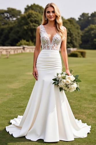 Ivory Satin Sweep Train V Neck Mermaid Wedding Dress with Lace