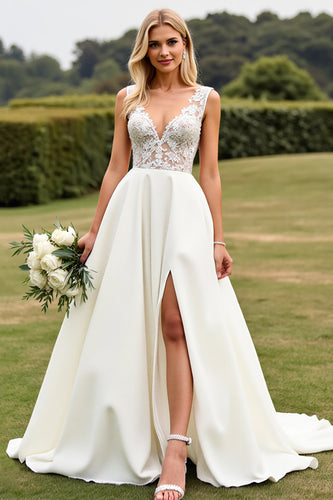 Ivory Sweep Train V Neck Wedding Dress with Lace