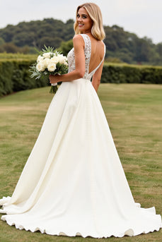 Ivory Sweep Train V Neck Wedding Dress with Lace